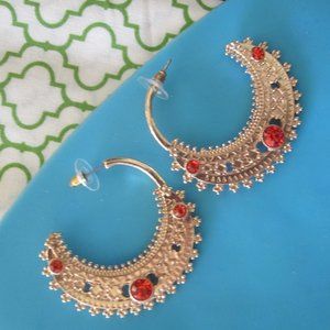 Large Gold Tone with Orange Jewels Pierced Earrings